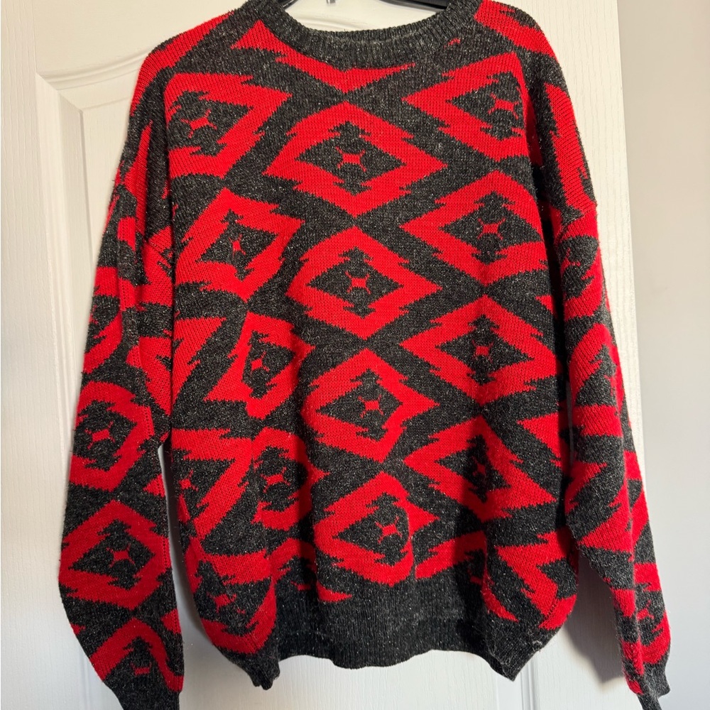 Prince Bellini Bold Red and Black Patterned Crewneck Sweater. Ptp 24